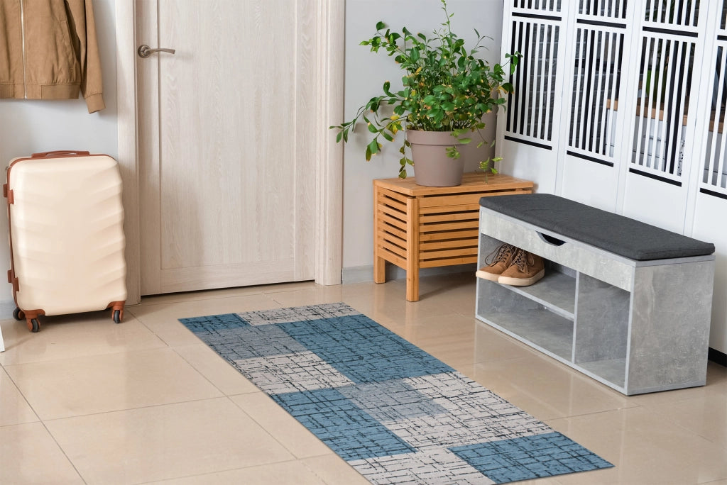 Tappeto Arredo Moderno Morbido in Ciniglia Ingresso Antiscivolo Prodotto Italiano  Soggiorno Camera Salotto Disegni Piazzati Cotone Varie Misure Grande Mondrian/Azzurro - 175x280 cm