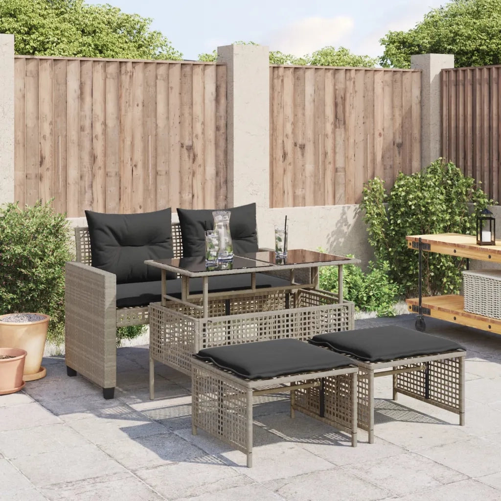 Divano da Giardino 4pz Cuscini-Sofa da Giardino-Divano da esterno Grigio Chiaro Polyrattan e Vetro
