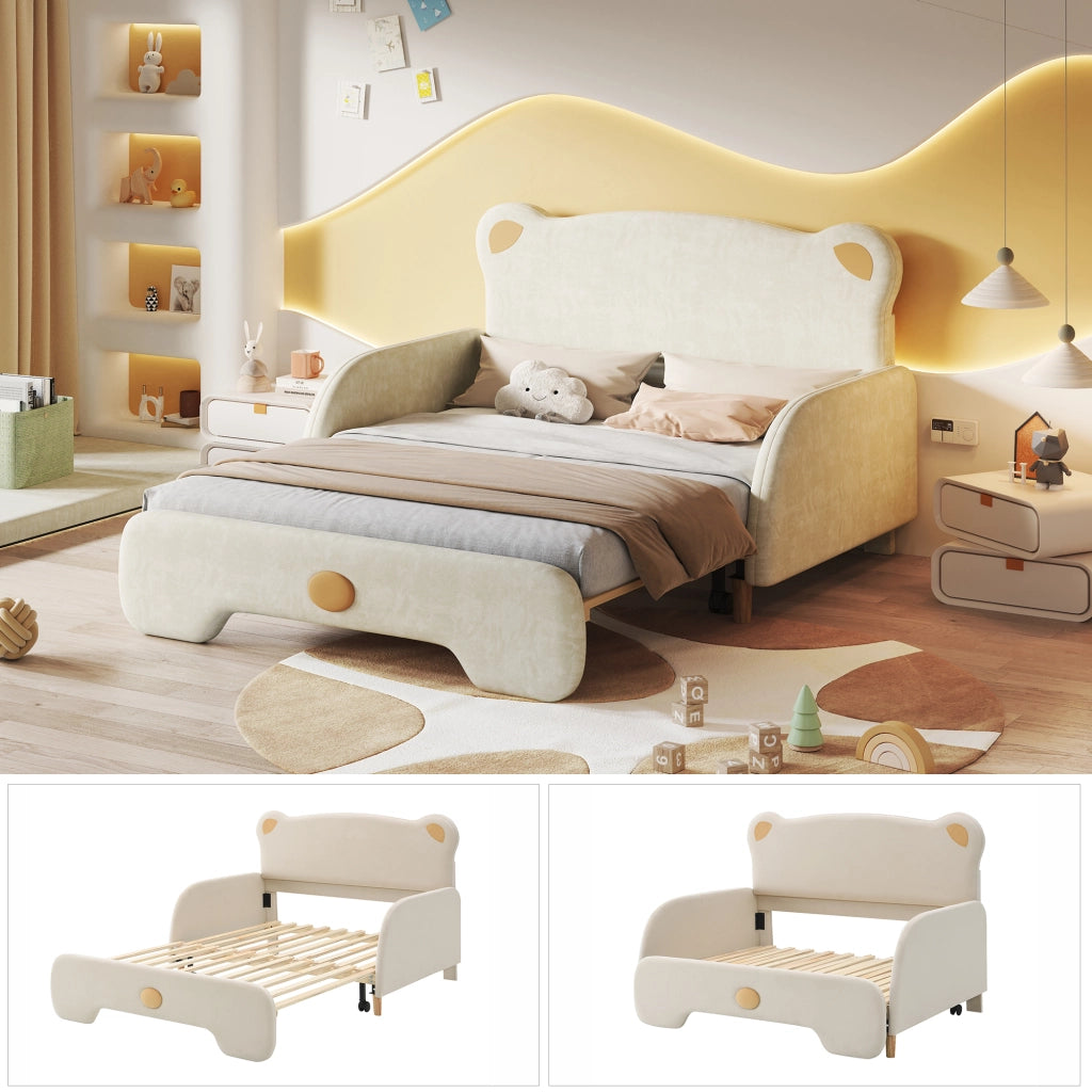 LETTO Matrimoniale in velluto beige 140x200 cm con forma a orso