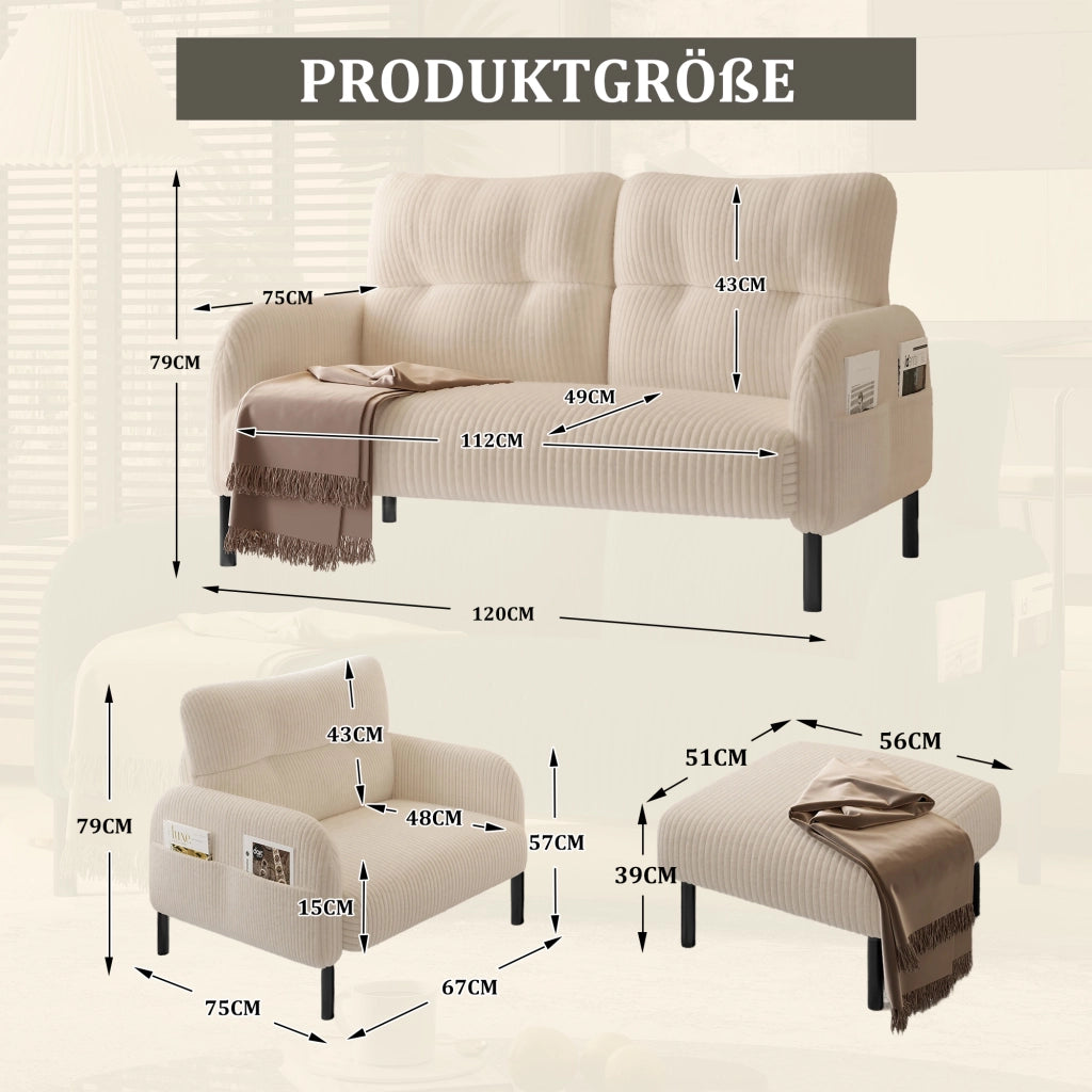 Divano 2 posti; poltrona e pouf con tasca laterale; schienale ergonomico in velluto a coste beige