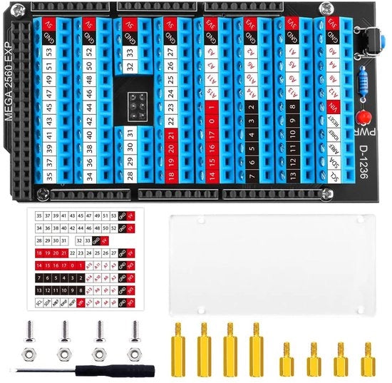 Pannello di connessione breakout - Inclusa chiave di reset - Adatto per Arduino Mega 2560 R3 - 8 viti - 4 contatti in rame - 20 pin - 5V