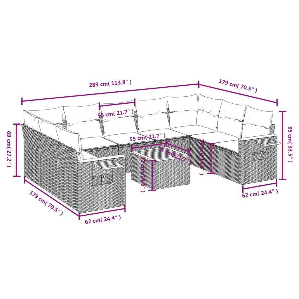 Set Divano da Giardino 10 pz con Cuscini Beige in Polyrattan