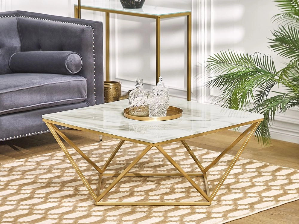 Tavolino da caffè con piano beige e gambe oro