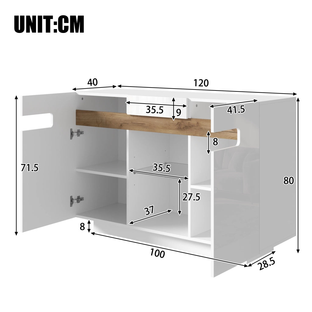 SIDEBOARD LED 120x40x80 cm Bianco e Effetto Legno Naturale