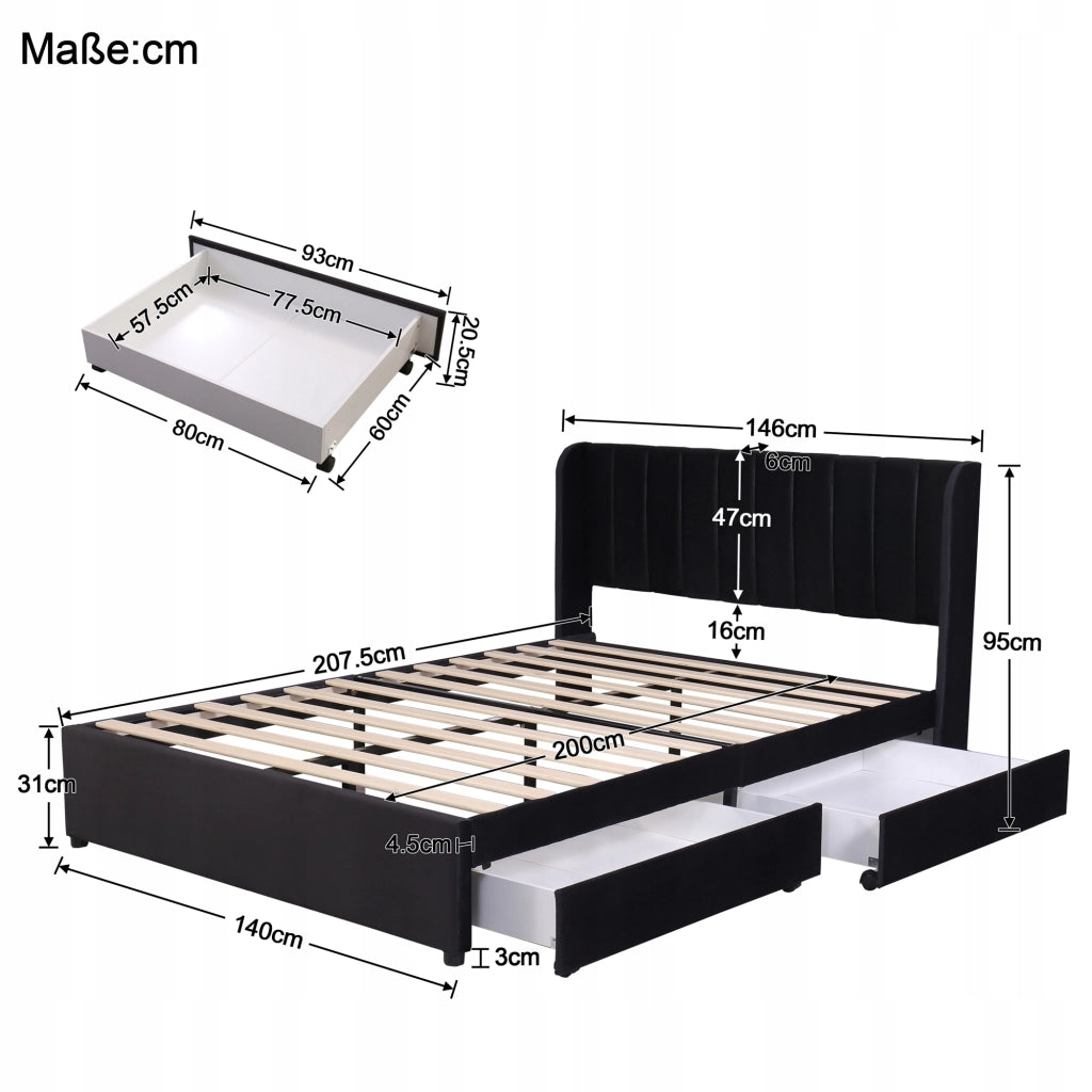 Letto imbottito 140x200 - Xylo - Velluto con 2 cassetti