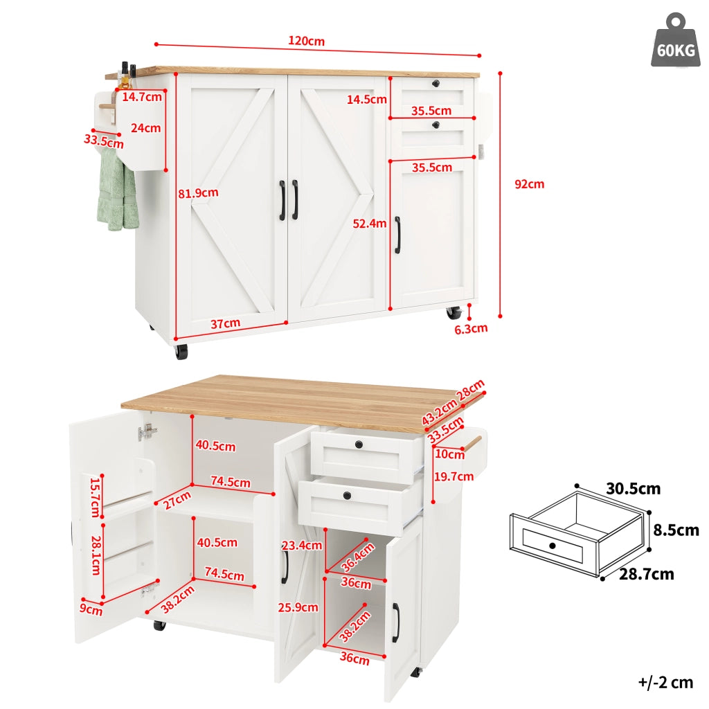 CARRELLO CUCINA PIEGHEVOLE 120 x 43,2/71,2 x 92 cm MDF BIANCO