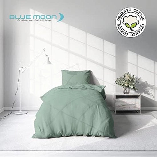 Set di coperte in cotone biologico, mako-satino, coperta da letto, set di coperte di alta qualità 100% cotone, set di coperte - 1x coperta da letto 135 x 200 cm e 1 x cuscino coprente 80 x 80 cm, verde
