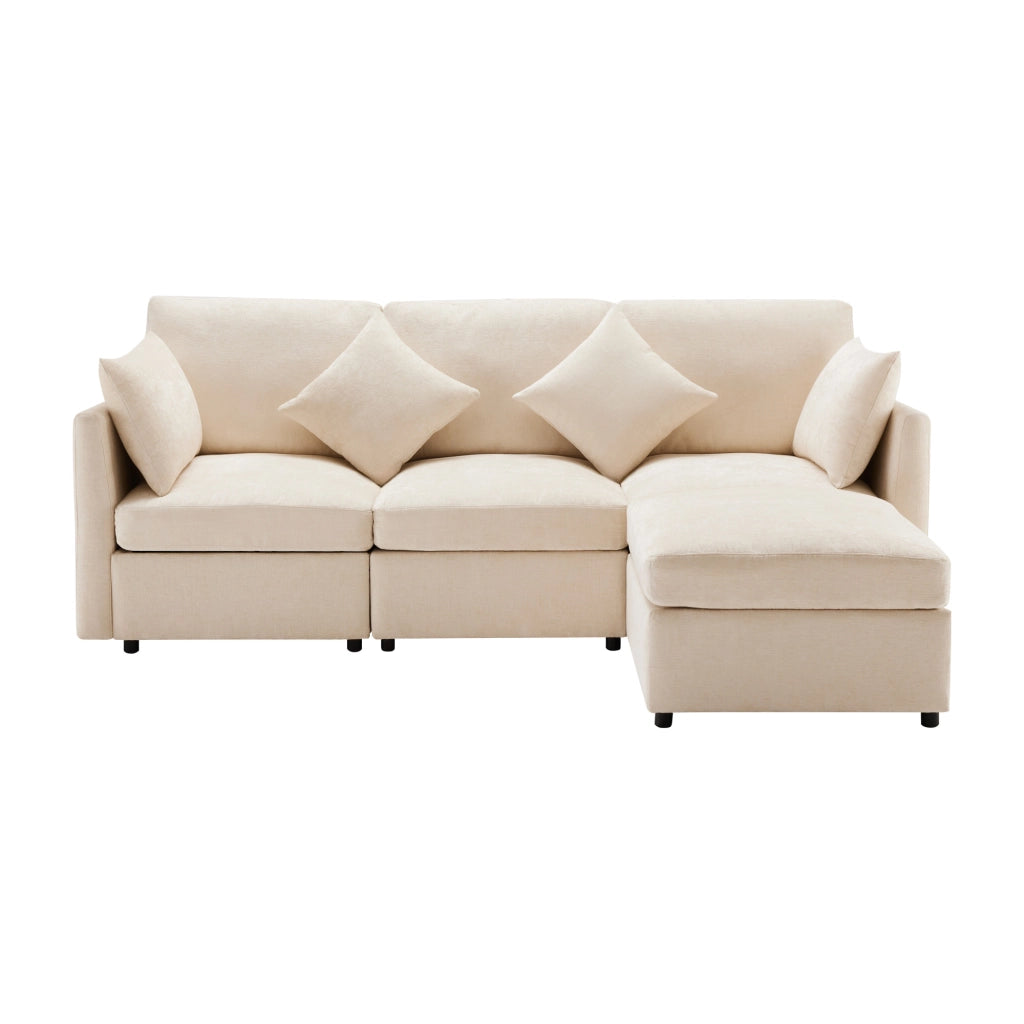 Divano angolare modulare 3-4 posti con pouf mobile e 4 cuscini in chenille beige 216x161x81 cm