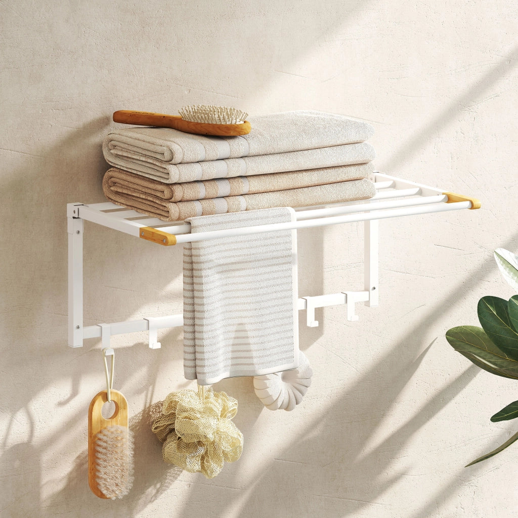Portasciugamani a Parete Pieghevole ¨C Xylo ¨C Legno e Acciaio, 5 Barre, 6 Ganci, 60x32.5x20 cm, Bianco