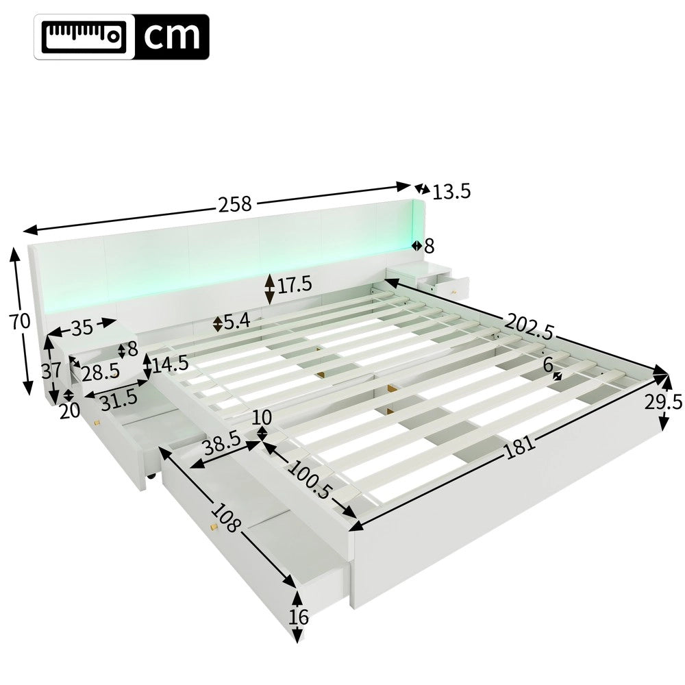 Letto Matrimoniale con LED, USB e 2 Comodini ¨C Xylo ¨C Bianco 180x200