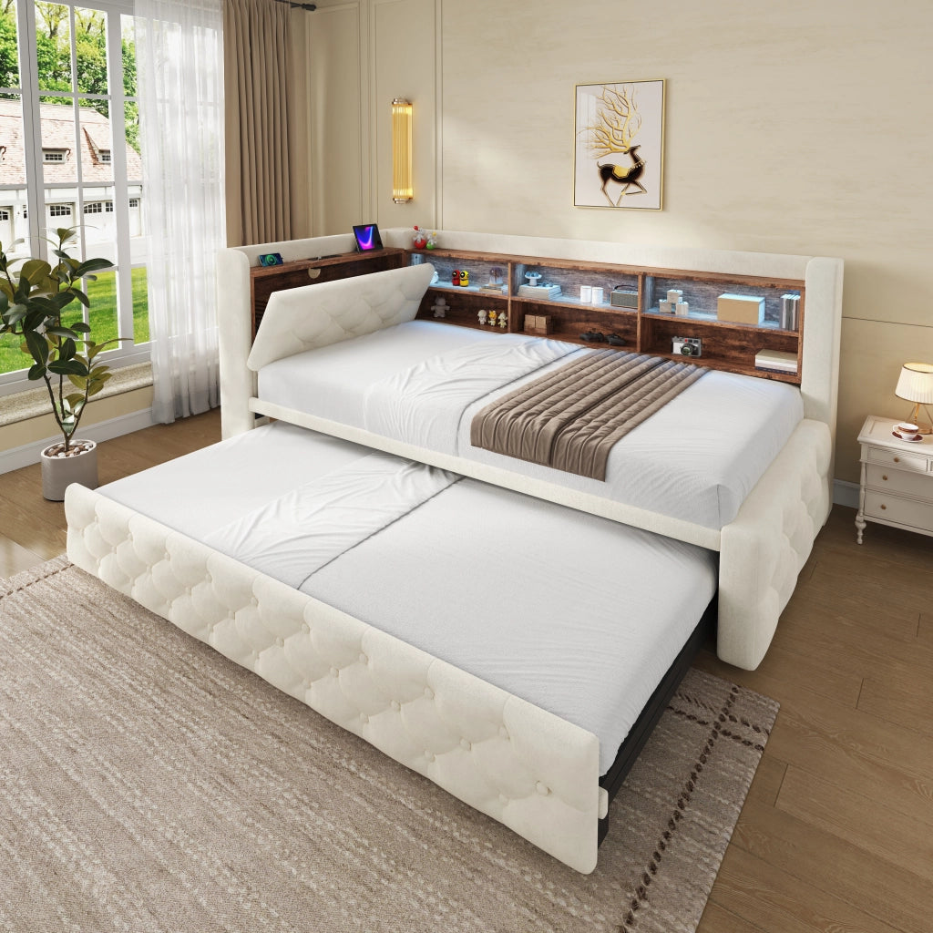 DIVANO LETTO Estraibile 90x190 cm Velluto Beige con USB e Type-C