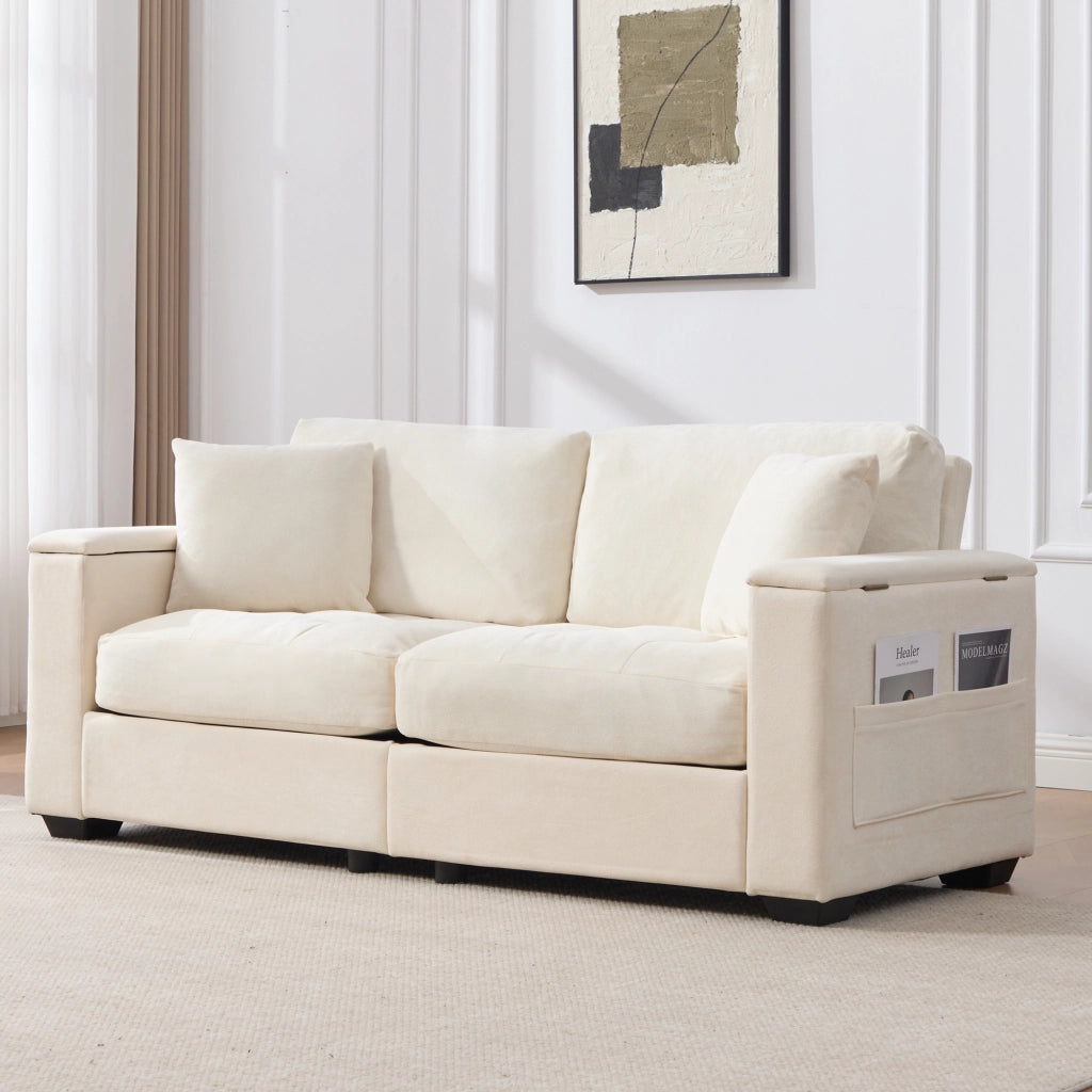 Divano dritto 2 posti con vano portaoggetti nei braccioli e tasche laterali, in Chenille, Beige
