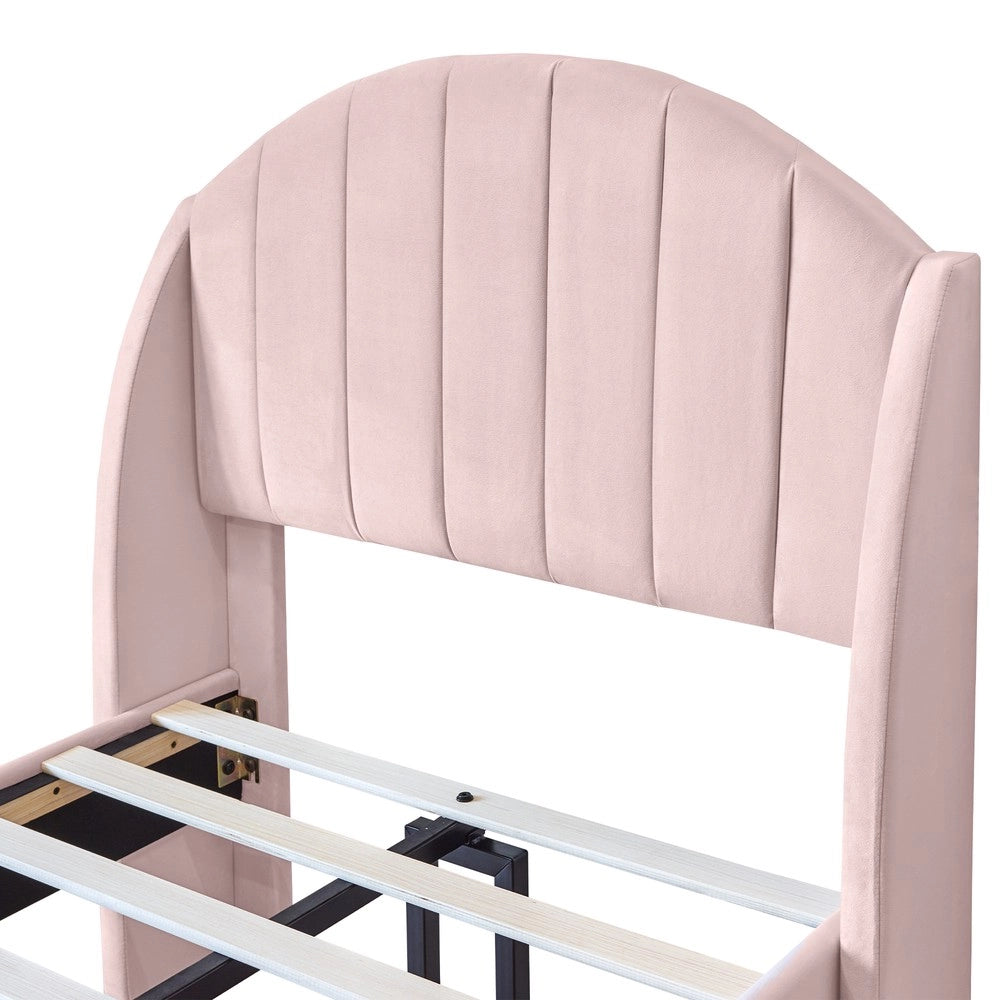 Letto Singolo Imbottito con Rete a Doghe e Testiera ¨C MINIMAL ¨C Velluto Rosa 90x200