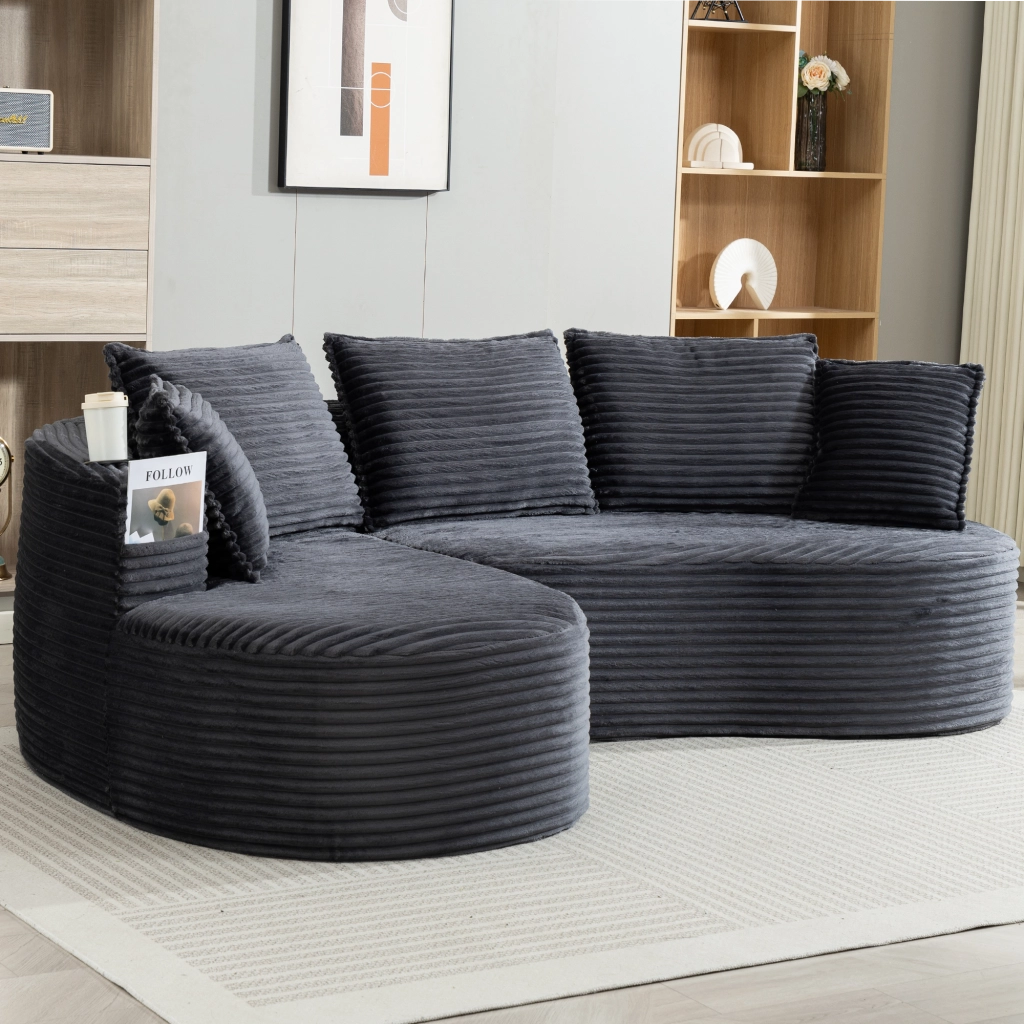 Divano diritto in velluto con portabicchieri e tasca laterale; grigio scuro; 250 Ã— 152 Ã— 82 cm