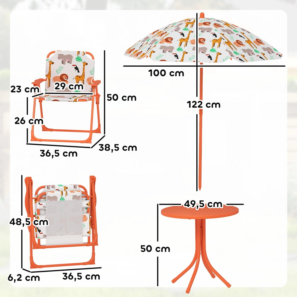 Set da giardino per bambini con tavolo e 2 sedie pieghevoli e ombrellone ¨C Minimal ¨C arancione, ? 100 cm, motivo animali