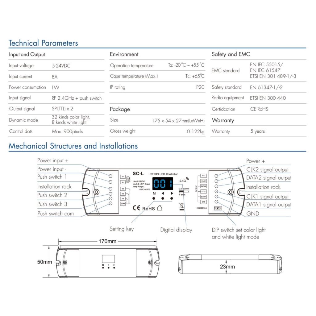 Controller SPI RF 2.4GHz per Strisce LED Digitali, 3 Push Pulsanti, 5-24V DC