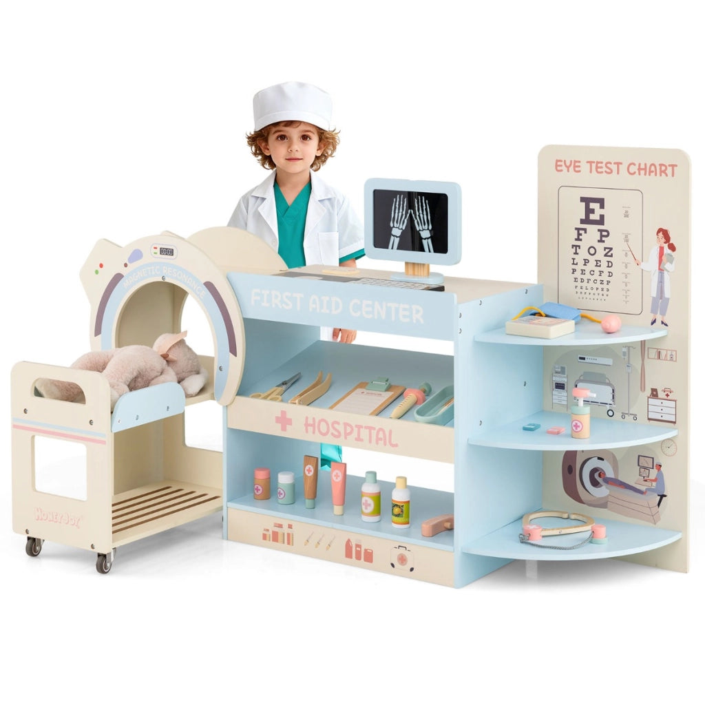 Set gioco dottore per bambini kit ospedale in legno per gioco di ruolo con cartello per vista, Gioco per bambini 3+ anni Blu
