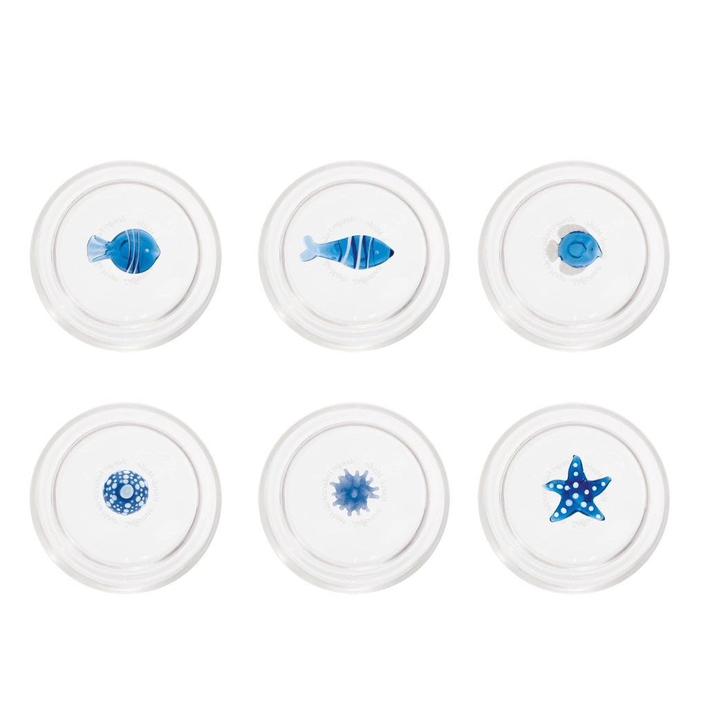 Zafferano Set 6 Tumbler Teca Mare in vetro borosilicato lavorato a mano con decori marini assortiti, design impilabile ed elegante