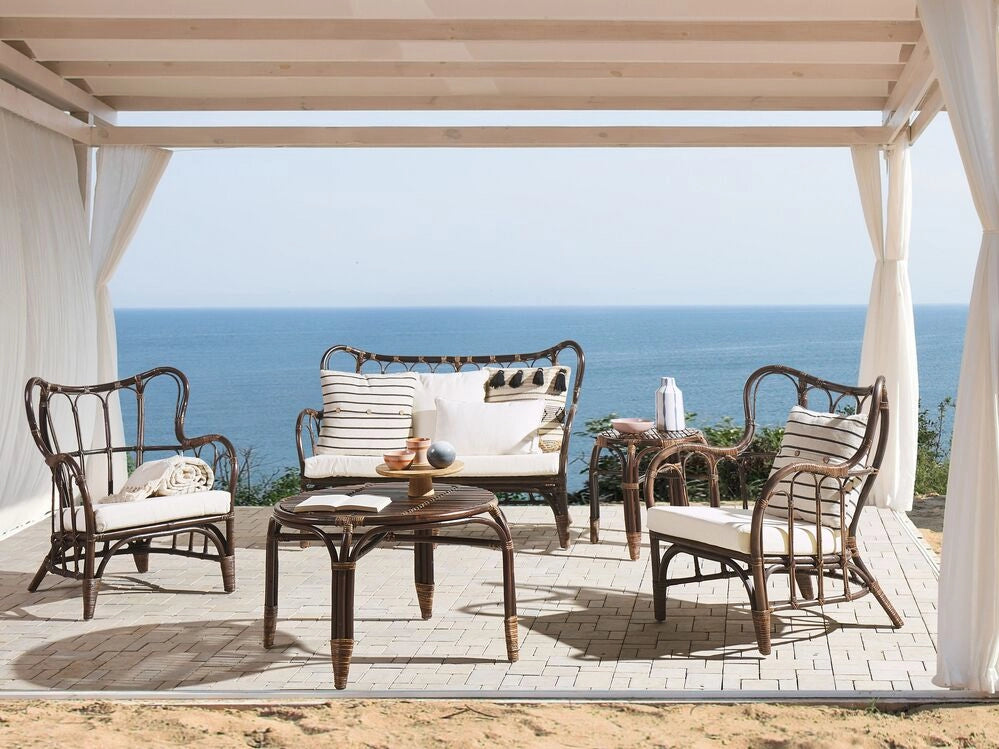 Lounge Set da Giardino 4 Posti in Rattan Naturale Marrone e cuscini Beige