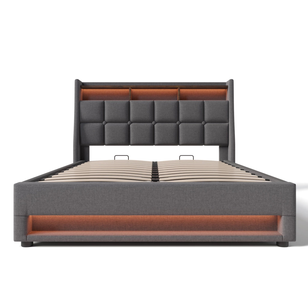 Letto doppio imbottito; 180x200cm; con LED e USB; telaio in tessuto di lino