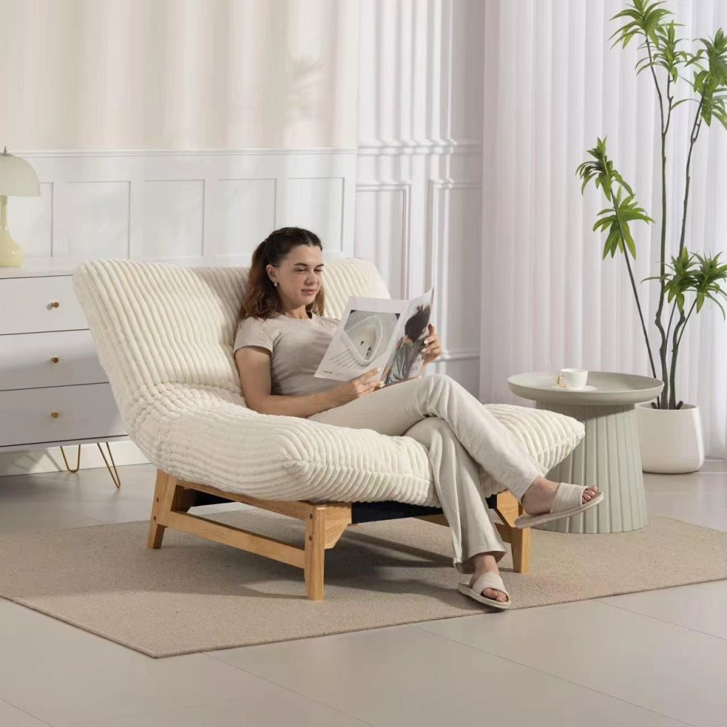 Poltrona pouf in velluto a coste; imbottitura morbida; supporto schiena; bianco; 1 posto