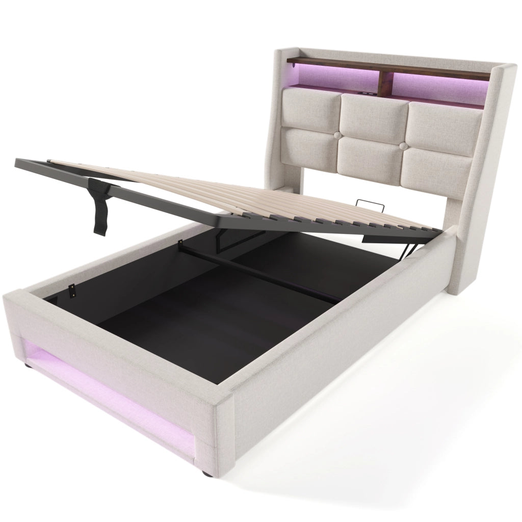 LETTO imbottito 90x200 cm in lino beige con USB e LED