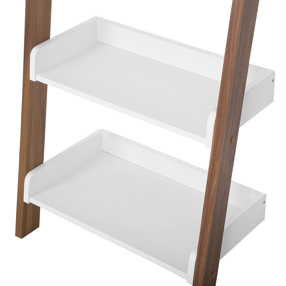 Libreria a a scala 5 ripiani in legno scuro con espositore per libri bianco