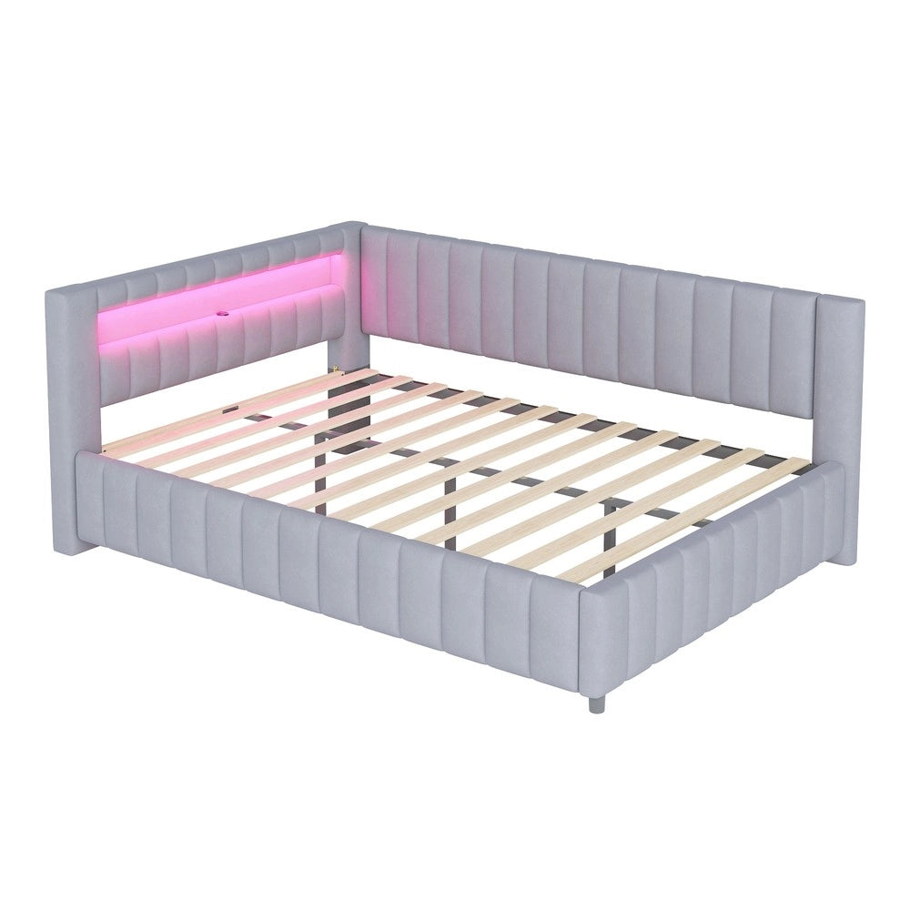 Letto Imbottito 140x200 con LED e USB ¨C Xylo ¨C Velluto Grigio, Testiera, Struttura