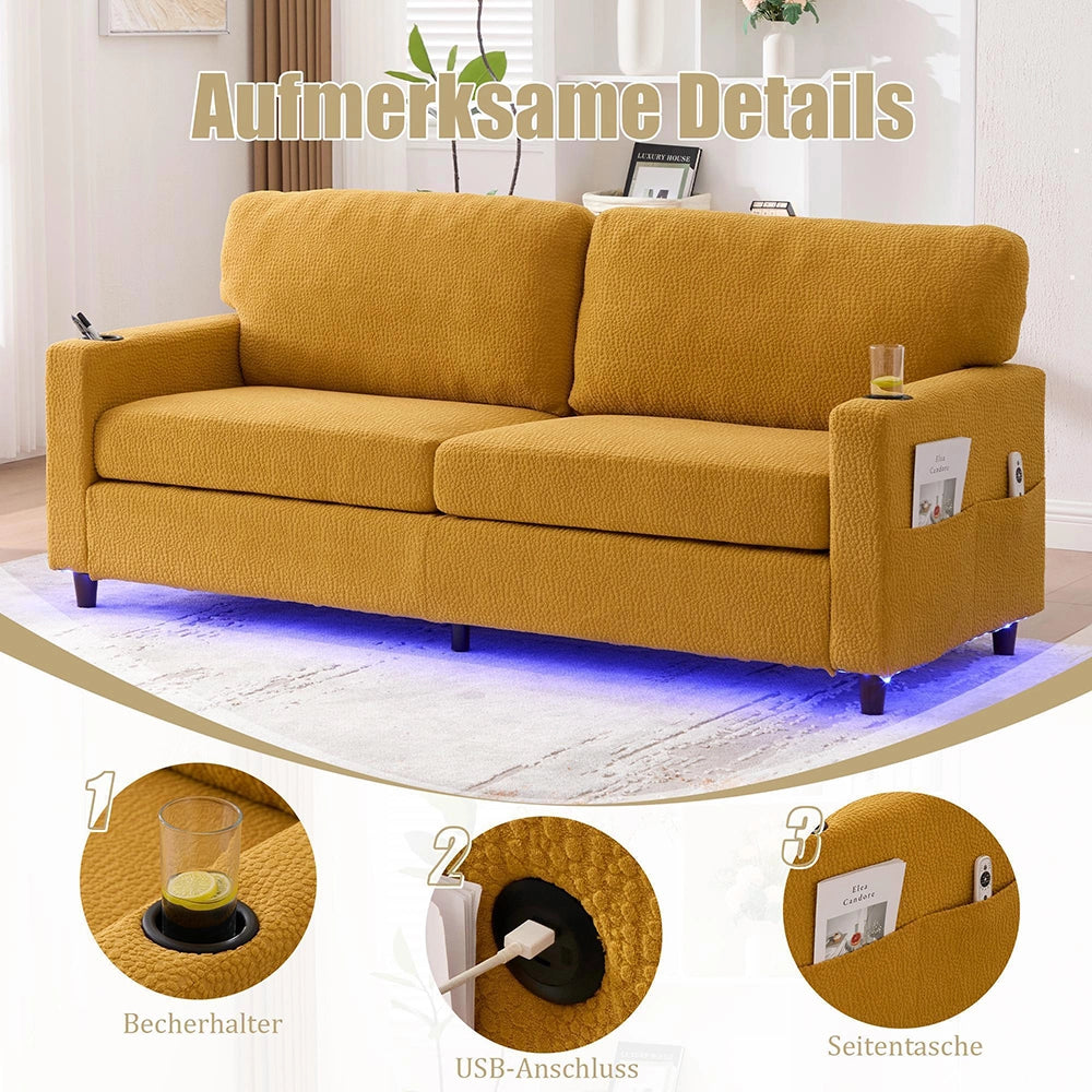 Divano 2 posti - Xylo - Chenille, LED, USB-C, porta bicchieri, giallo
