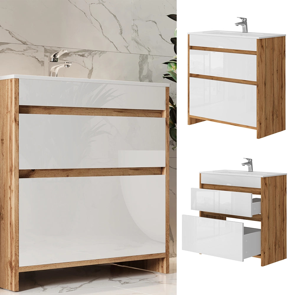 Mobiletto per lavabo Detmold Rovere dorato 2 parti, mobile base 80 cm Vicco