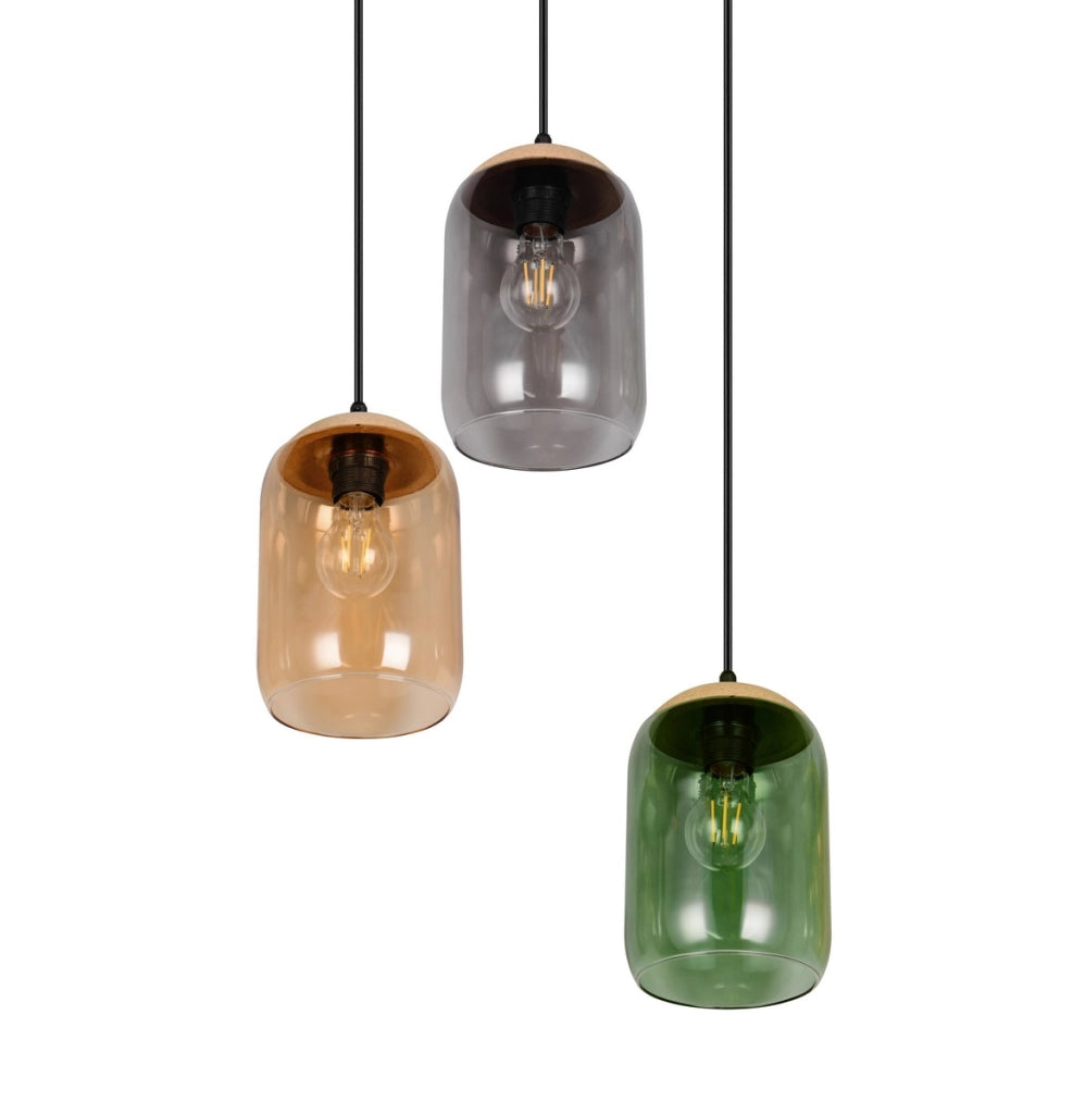 Sospensione Trio CORK nera 3 luci vetro colorato E27