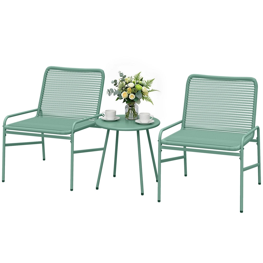 Set Giardino 3 Pezzi in Resina Intrecciata e Acciaio ¨C zephmum ¨C Verde, Tavolo Rotondo con 2 Sedie, 58x67x75cm