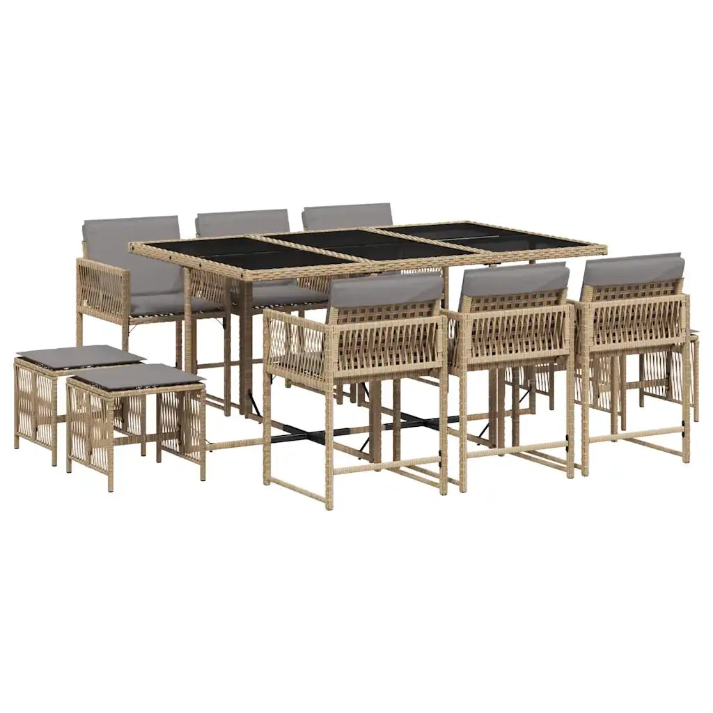 Set Pranzo da Giardino 11 pz con Cuscini Beige Misto Polyrattan