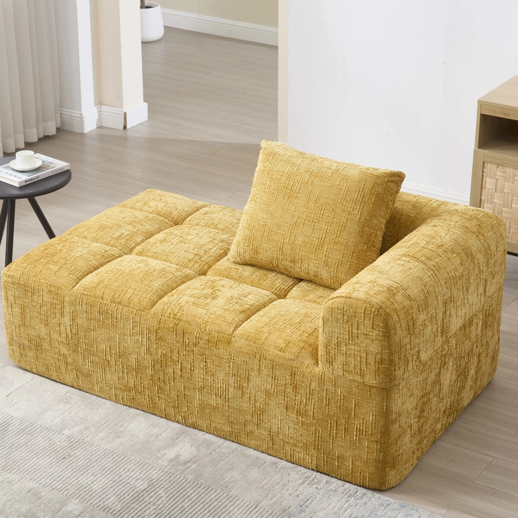 Divano chaise longue 158x90x60 cm con tasche laterali e cuscino in chenille giallo