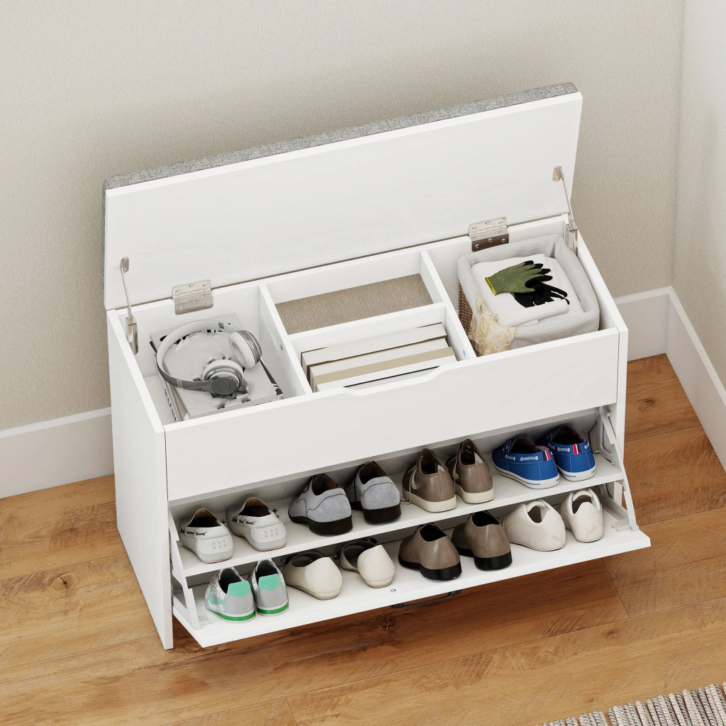 Panca Scarpiera 80x30x55 cm per 8 Paia di Scarpe con Cassetto Ribaltabile e Contenitore Bianco