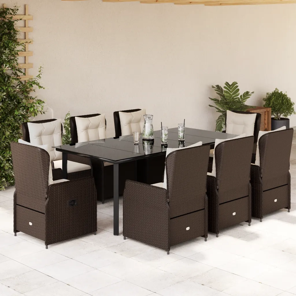 Set da Pranzo da Giardino 9pz con Cuscini Marrone in Polyrattan