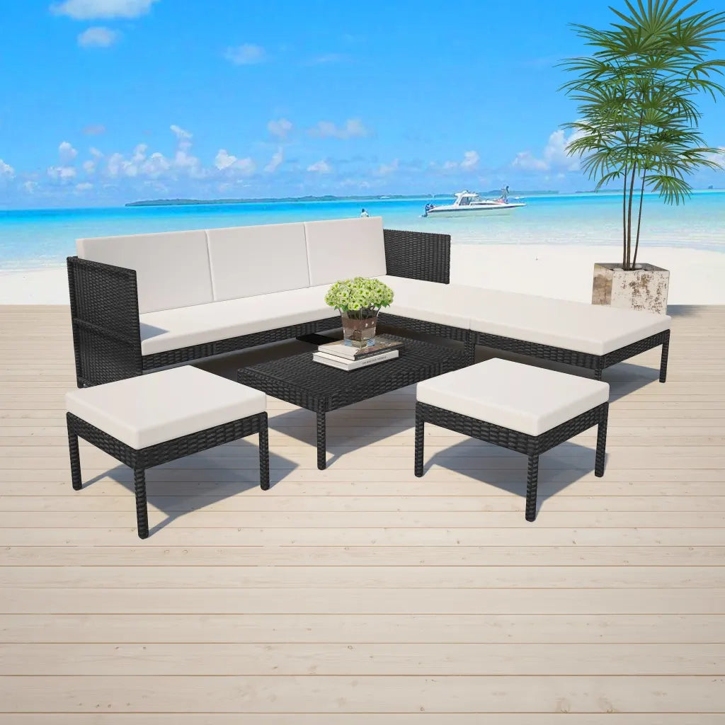 Set Divani da Giardino 6 pz | Set Salotto da Giardino con Cuscini in Polyrattan Nero