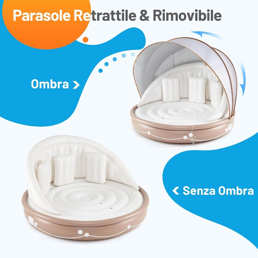 Isola Gonfiabile da Piscina, Lounge Gallegiante con Ombra Retrattile e Rimovibile, Dotato di 3 Cuscini, Materasso Gonfiabile Pieghevole e Portatile per 2 Persone, Portata 180 kg