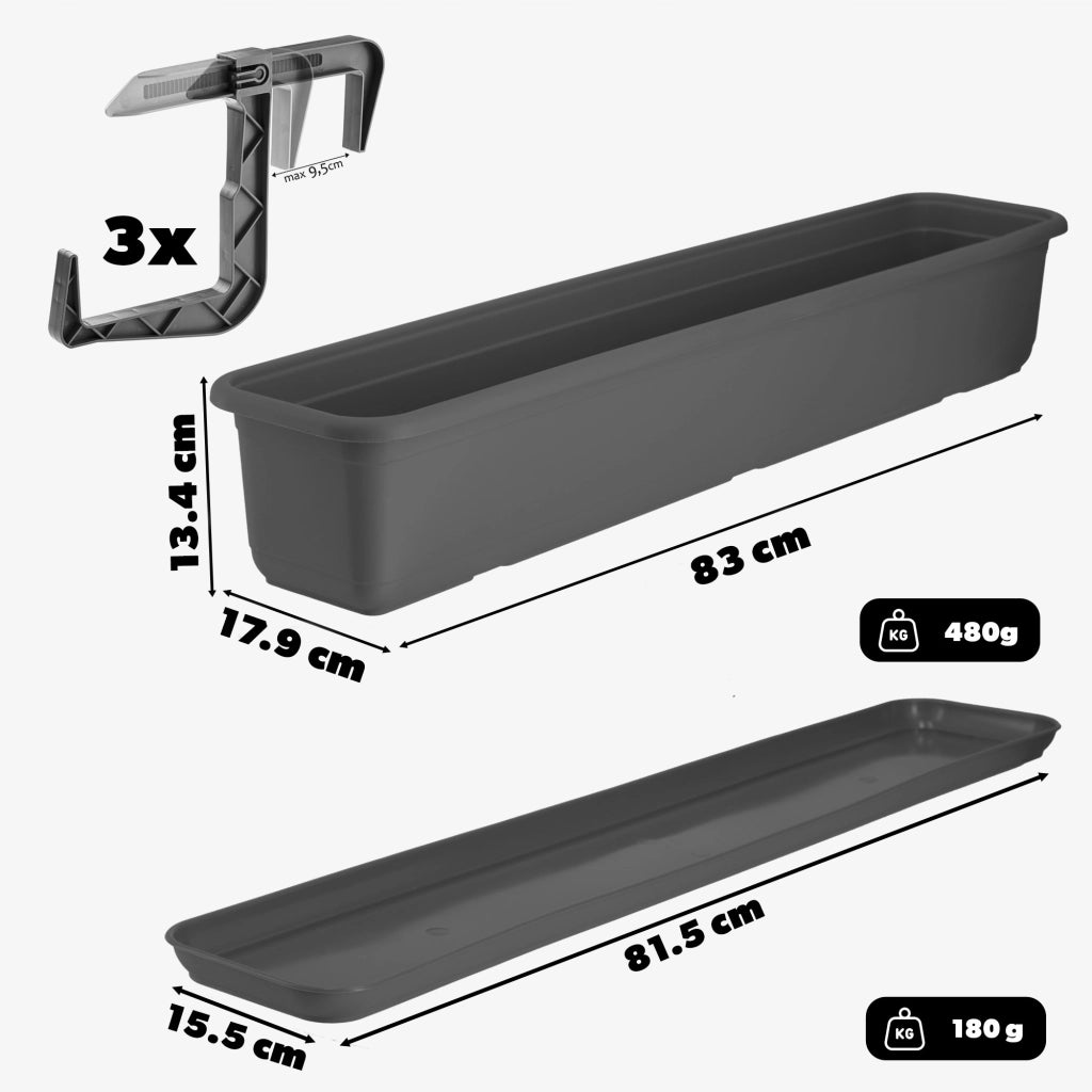 Vaso da fiori rettangolare KADAX per balcone, 80 cm, con supporto e manici.