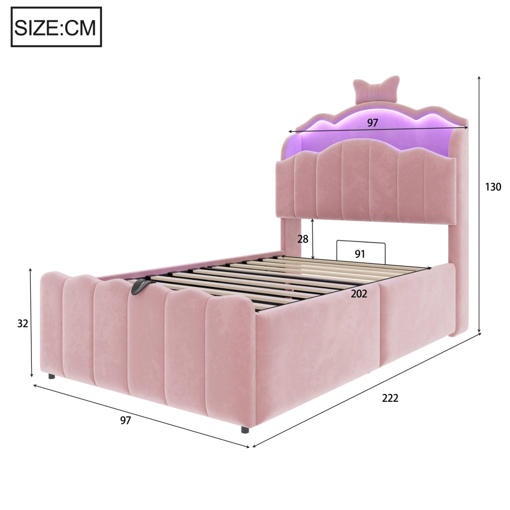 LETTO Contenitore 90x200 cm in velluto rosa con USB e LED