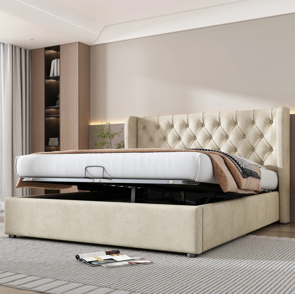Letto imbottito 140x200 cm; contenitore idraulico; velluto beige (Senza materasso)