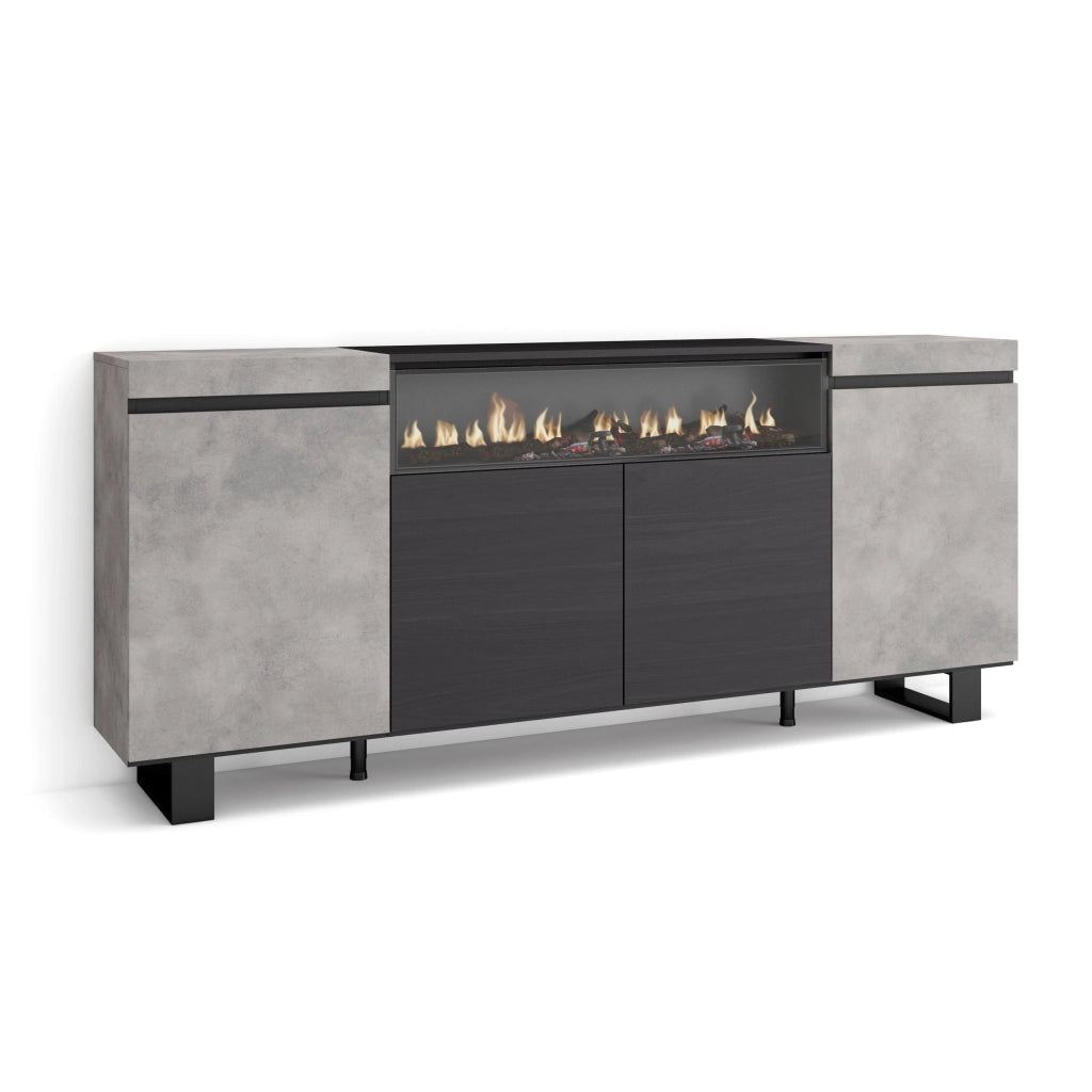 Credenza, Mobile, 200x35x87cm, 4 Porte, Camino elettrico, Design industriale, grigio cemento RF2307