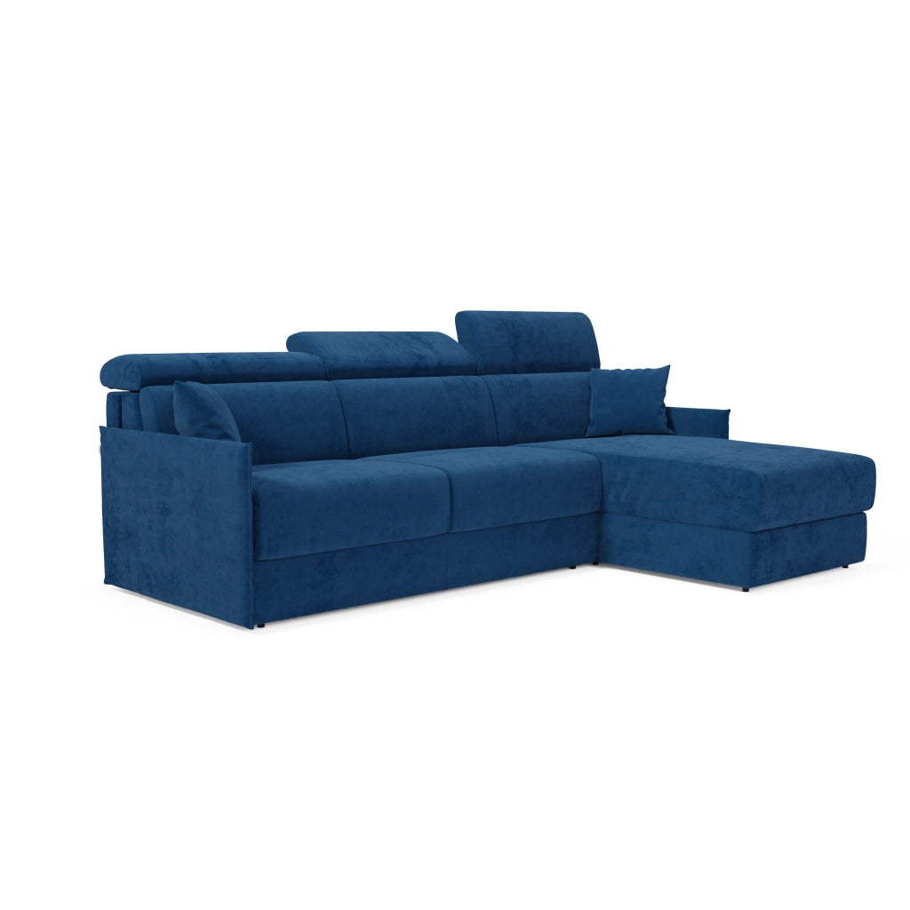 Miryam divano letto angolare compatto - poggiatesta reclinabili e penisola contenitore in tessuto smacchiabile T31 232 cm sinistro blu
