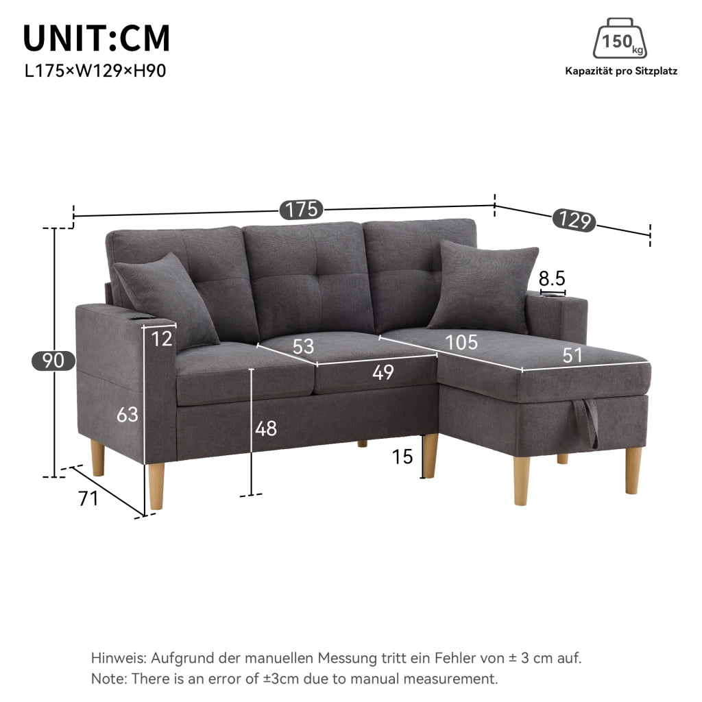Divano Angolare 3 Posti con Chaise Longue e Contenitore ¨C MINIMAL ¨C con Cuscini e Portabicchieri
