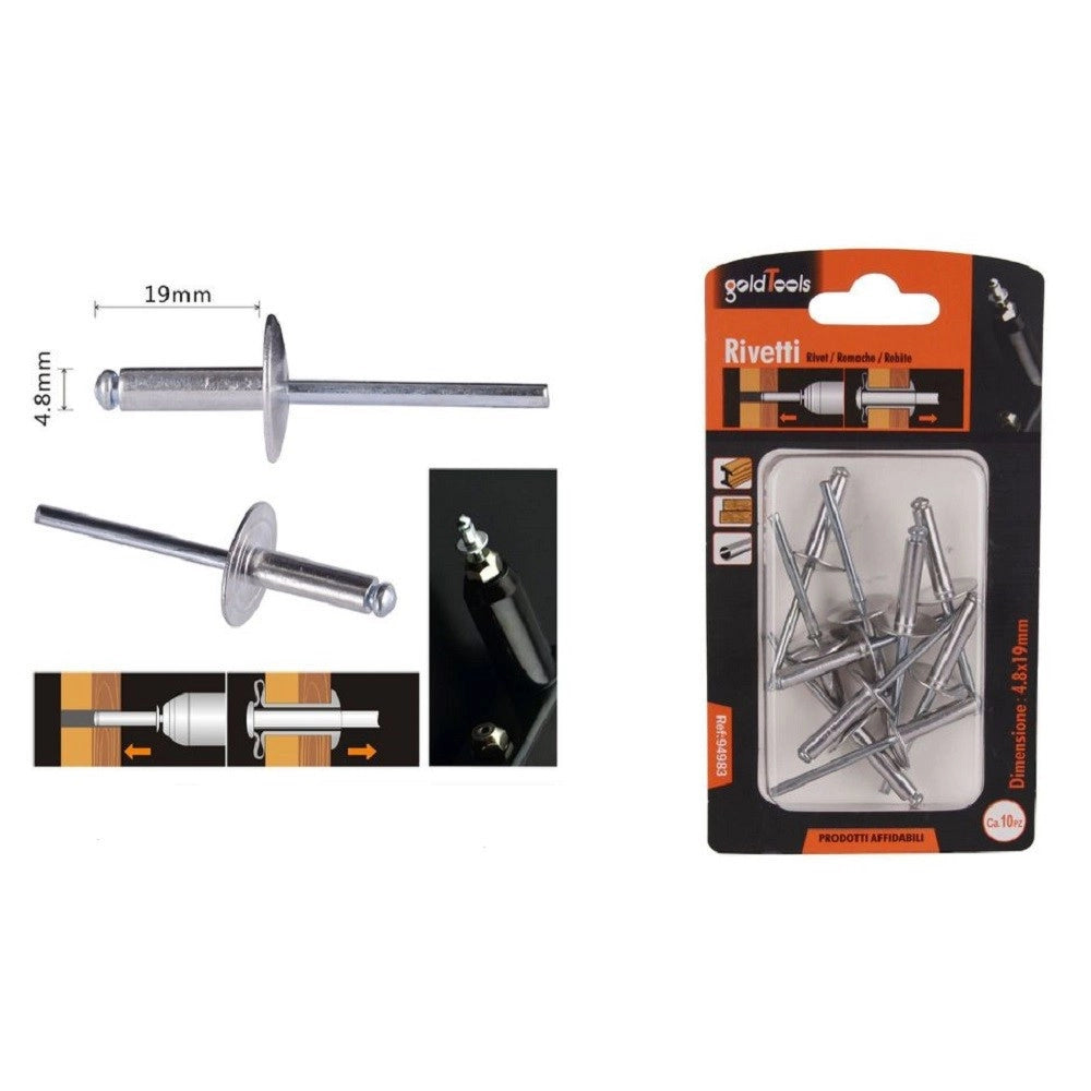 Trade Shop - Set 10 Pezzi Rivetti Rivetto 4.8x19 Mm Accessori Per Bricolage Ferramenta 94983 -