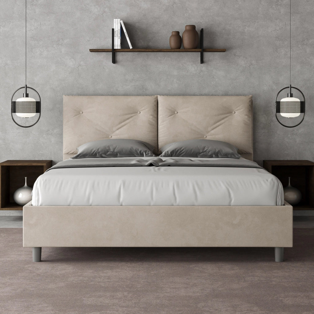 BS COM Letto queen size contenitore imbottito 150x190 microfibra sabbia Large