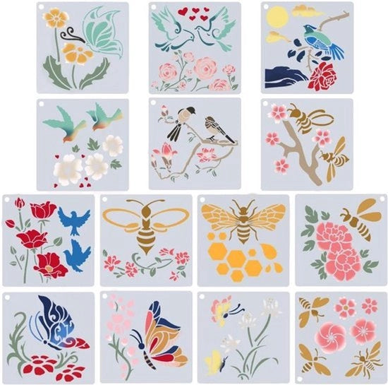 Disegni di Fiori di Farfalla e Api per Stencil - Modello Estate - Stencil in Plastica Riciclabile - Arte DIY - Adatto per Parete in Legno - Decorazione - Pianta di Estate - Farfalla e Api - Vernici Spray - 14 Stili - Pittura su - Parete.