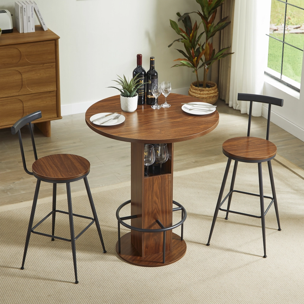 Set Tavolo Rotondo e 2 Sgabelli ¨C MINIMAL ¨C Noce, Legno e Metallo, 80 cm