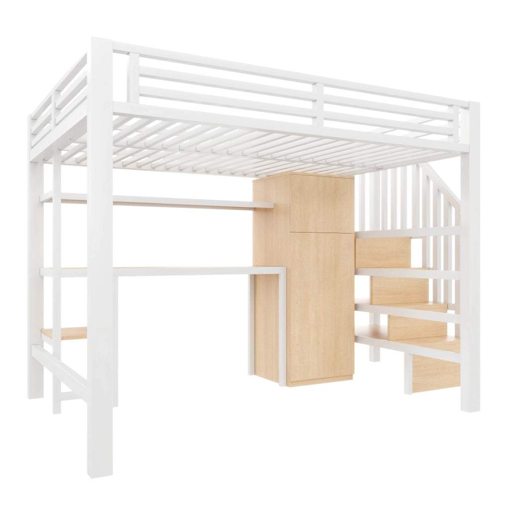 LETTO A CASTELLO 140x200 cm Bianco con scrivania, armadio, scaffale e LED