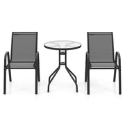 Set bistrot da esterno 3 pezzi, Tavolino rotondo con 2 sedie impilabili piano tavolo in vetro temperato Nero